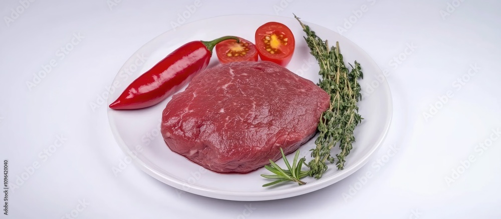 Grilled beef fillet with fresh thyme red chili pepper and cherry tomatoes on a white plate showcasing vibrant culinary presentation Grilled beef fillet with fresh thyme red chili pepper and cherry tomatoes on a white plate showcasing vibrant culinary presentation