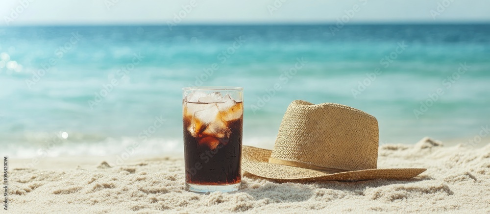 Beach scene featuring a straw hat and a glass of cola with ice on sandy shore near tranquil ocean waves Beach scene featuring a straw hat and a glass of cola with ice on sandy shore near tranquil ocean waves
