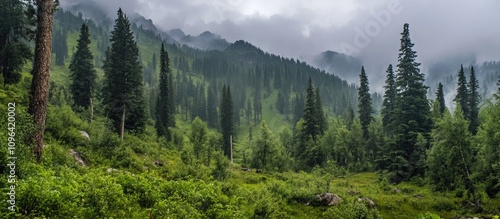 Kaz Mountains lush greenery and misty landscape showcasing abundant vegetation and pristine nature in a serene mountainous setting photo