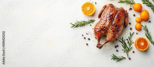 Homemade roasted duck with rosemary and oranges overhead view space for text gourmet dish celebratory meal cooking viands photo