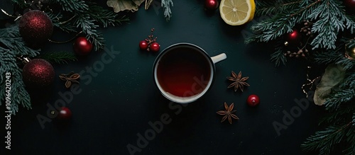 Top view of festive Christmas decorations with tea cup featuring lemon and cranberries surrounded by ornaments and pine branches