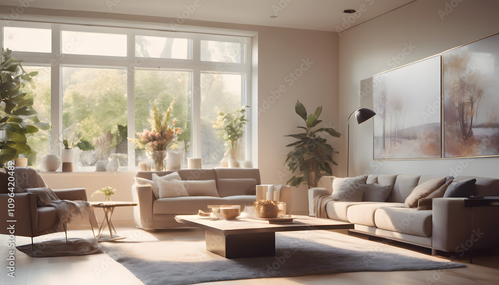 Fototapeta premium Modern living room interior with fireplace, featuring plush sofa, elegant furniture, and large windows