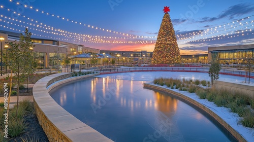 Cozy Urban Park Christmas Tree Golden Hour Photography photo