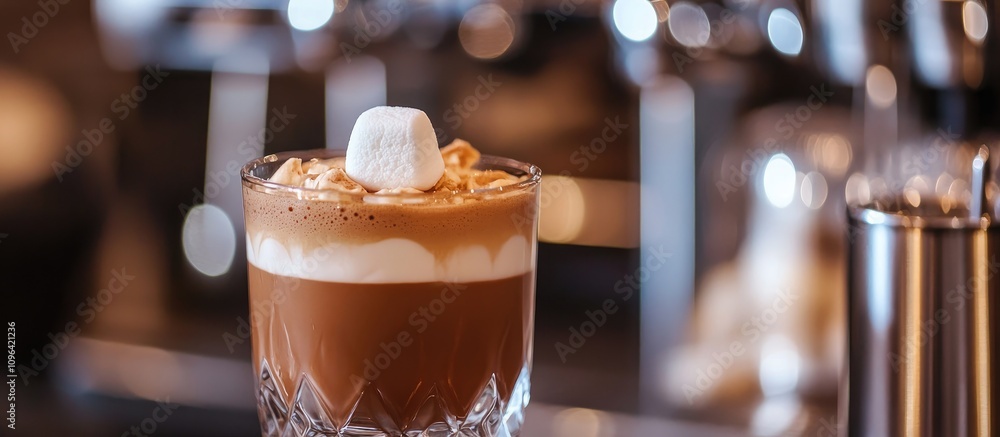 Chocolate cocktail with marshmallow on top showcasing fall and winter beverage concepts in a cozy coffee shop setting Chocolate cocktail with marshmallow on top showcasing fall and winter beverage concepts in a cozy coffee shop setting