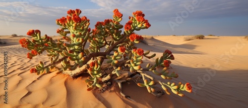 Euphorbia paralias succulent thriving in sandy desert landscape with vibrant flowers against a dramatic sky backdrop. photo