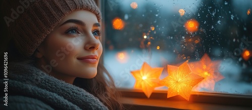 Woman decorating home window with paper craft stars for Christmas creating a cozy winter atmosphere with glowing lights and snow backdrop photo