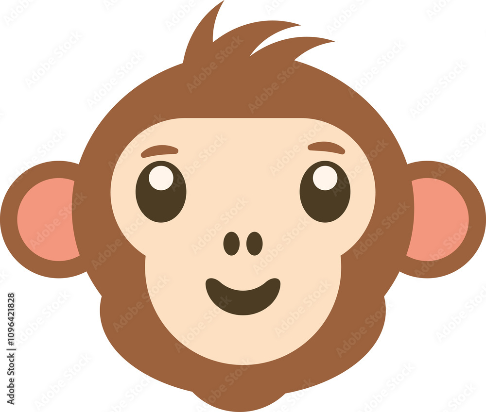 Illustration of a cute cartoon monkey face with large eyes, smiling mouth, and brown and beige colors
Illustration of a cute cartoon monkey face with large eyes, smiling mouth, and brown and beige colors
