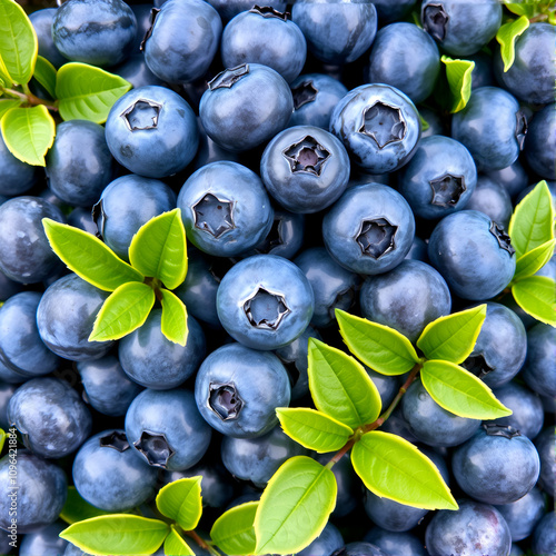 A breathtaking pile of plump blueberries adorned with delicate green leaves