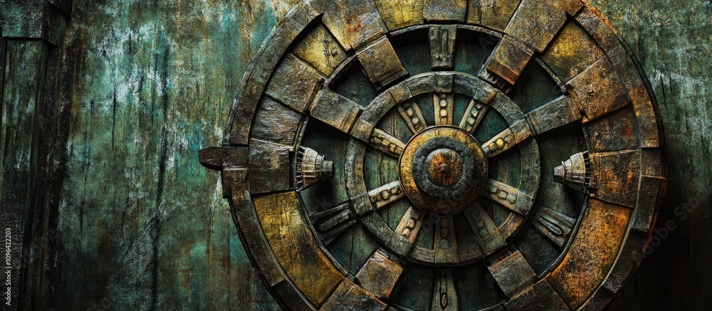 Ancient temple wheel symbolizing the passage of time with intricate details and weathered textures against a rustic background Ancient temple wheel symbolizing the passage of time with intricate details and weathered textures against a rustic background