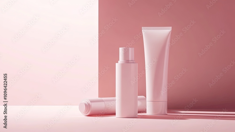 Pink cosmetic tubes and bottle on pink background. Pink cosmetic tubes and bottle on pink background.