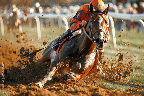 Fall of a horse at a race with a jockey, pieces of dirt on a track with grass. Hippodrome, equestrian sport. photo