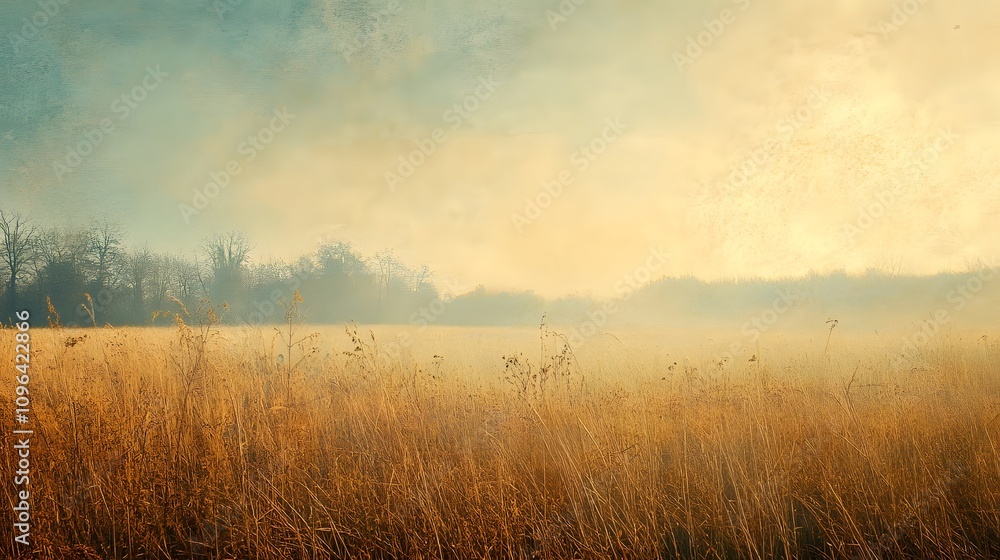 A serene golden field bathed in soft morning light with misty trees in the background. A serene golden field bathed in soft morning light with misty trees in the background.