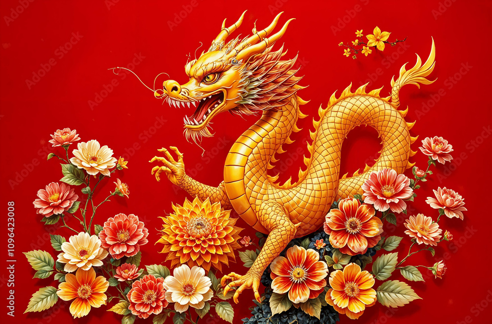Obraz premium Vibrant golden dragon surrounded by colorful flowers on a bright red background celebrating cultural artistry and symbolism
