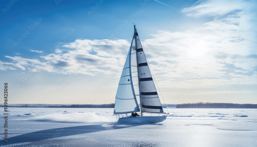 Naklejka premium A skilled sailor maneuvers a sleek sailboat across a frozen landscape, gliding effortlessly over ice while the sun shines brightly under a clear blue sky