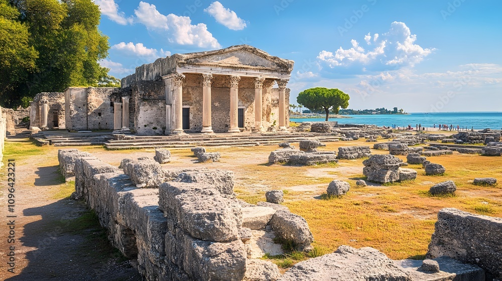 Fototapeta premium Ancient ruins by the sea under a bright blue sky