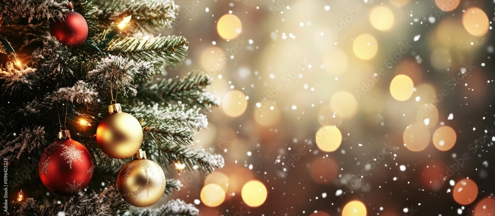Festive Christmas Tree Decorated with Ornaments and Snowflakes on a Warm Glowing Background Festive Christmas Tree Decorated with Ornaments and Snowflakes on a Warm Glowing Background