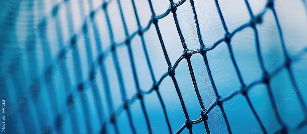 Close-up of a volleyball net against a blurred blue background showcasing the intricate weave and tension of the netting material. Close-up of a volleyball net against a blurred blue background showcasing the intricate weave and tension of the netting material.