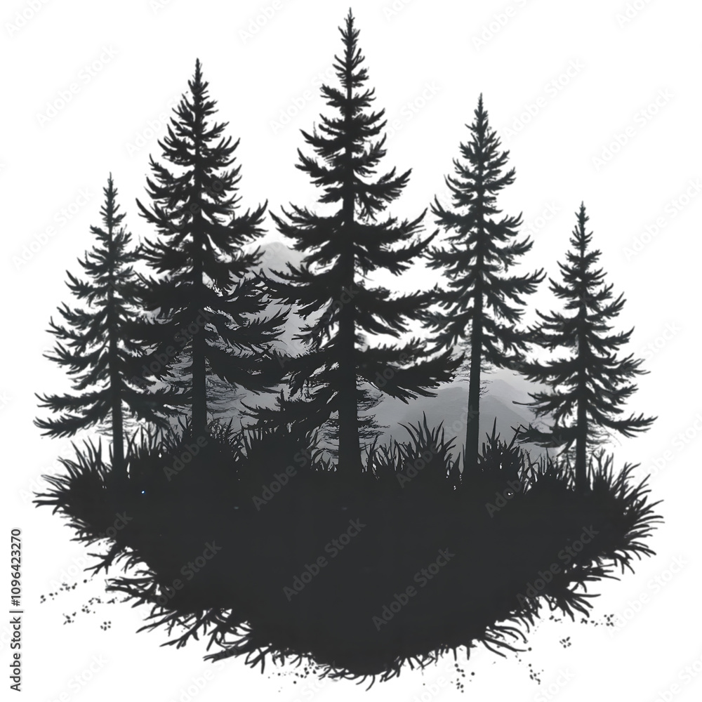 Obraz premium Majestic Evergreen Trees Silhouetted in a Misty Forest Landscape Nature Scene Tranquil Environment Artistic Viewpoint Serene Concept for Outdoor Enthusiasts