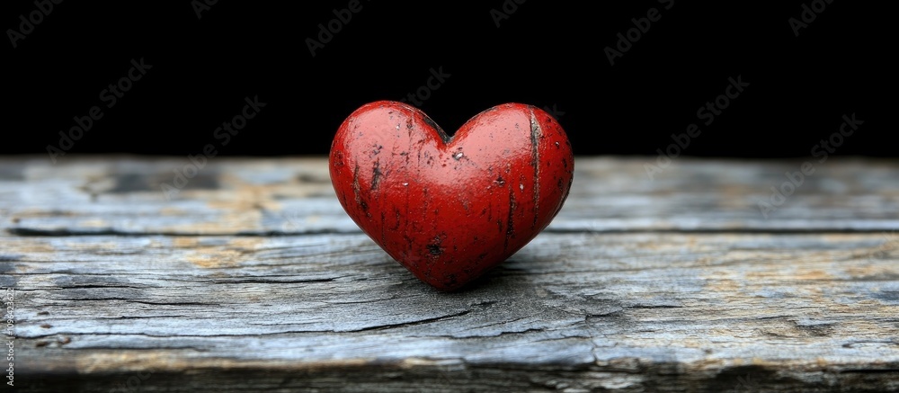 Obraz premium Vintage red heart decoration on rustic wooden table with dark background showcasing love and warmth.