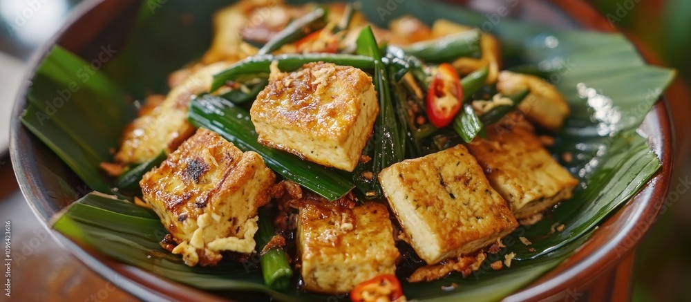 Stir-fried tofu with lemongrass and herbs served in a wooden bowl garnished with chili and green onions Stir-fried tofu with lemongrass and herbs served in a wooden bowl garnished with chili and green onions