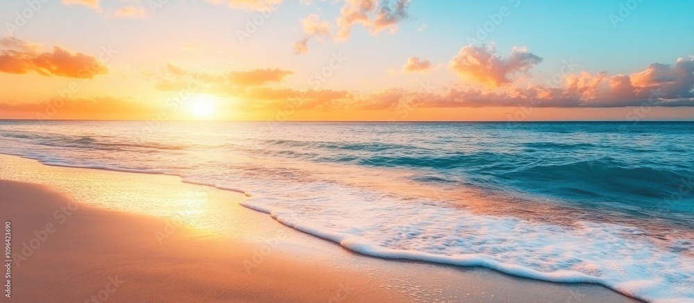 Breathtaking sunset over tranquil beach with gentle waves and vibrant sky colors reflecting on the water surface Breathtaking sunset over tranquil beach with gentle waves and vibrant sky colors reflecting on the water surface