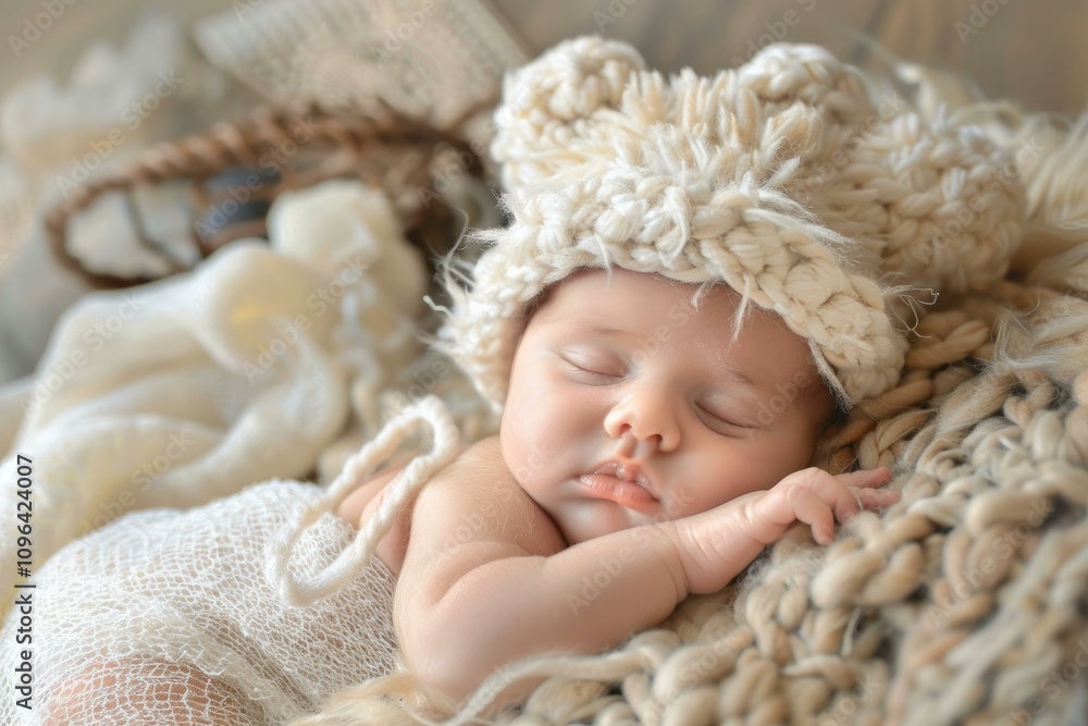 Serene newborn sleeps soundly swaddled in cozy textures, wearing a soft knitted hat Serene newborn sleeps soundly swaddled in cozy textures, wearing a soft knitted hat