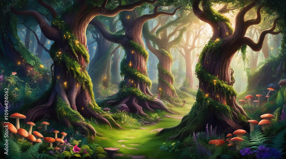 a lush painting of a fairy tale enchanted forest, a lush painting of a fairy tale enchanted forest,