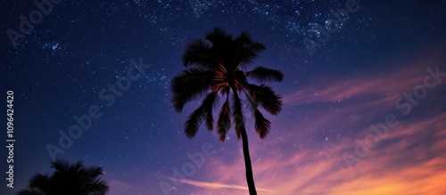 Silhouette of a palm tree under a starry night sky with vibrant colors and cloud formations creating a serene tropical atmosphere. photo