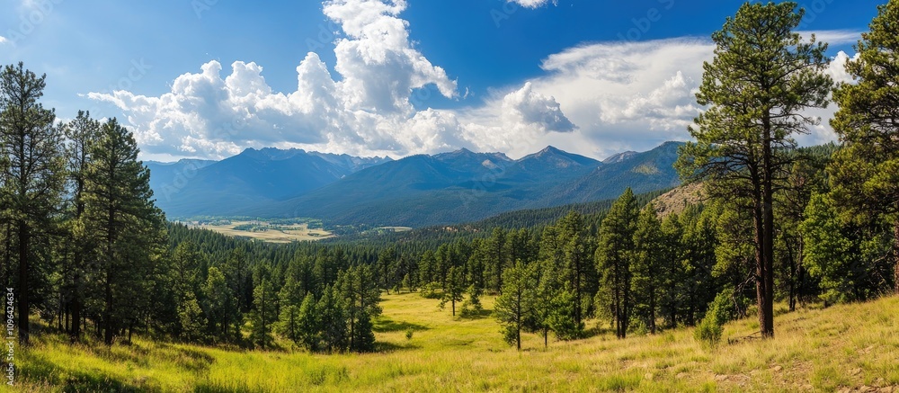 Panoramic view of lush green forest landscape with majestic mountains and blue sky showcasing the beauty of nature and tranquil outdoor scenery Panoramic view of lush green forest landscape with majestic mountains and blue sky showcasing the beauty of nature and tranquil outdoor scenery