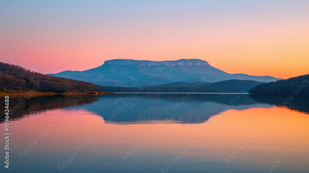 Serene sunset reflecting on calm lake with majestic mountain. Serene sunset reflecting on calm lake with majestic mountain.