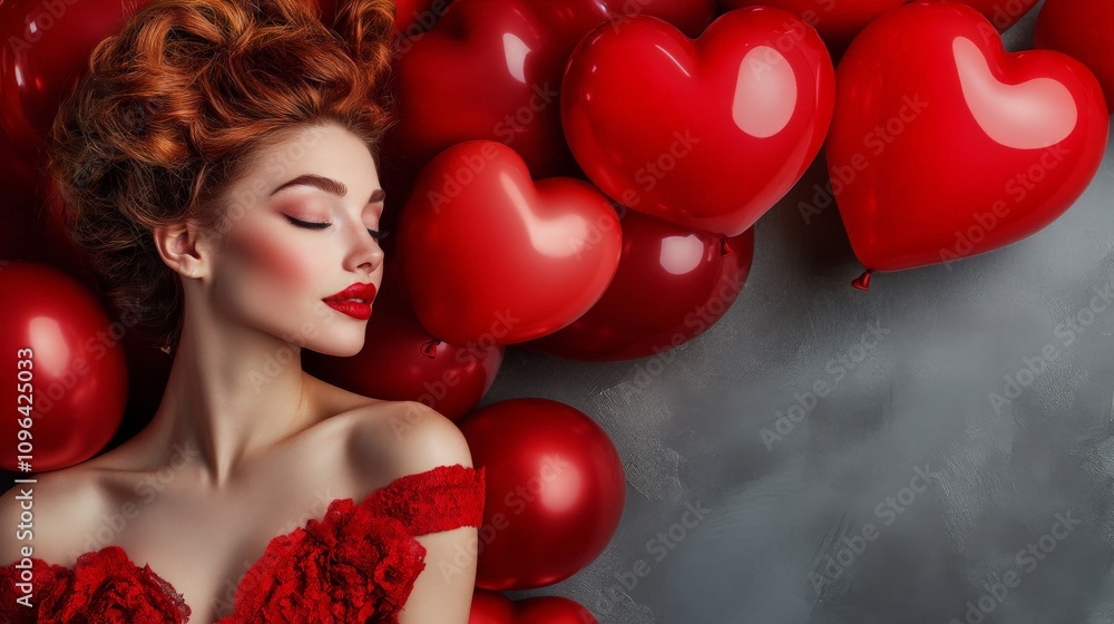 Elegant caucasian young female with red balloons and heart decor Elegant caucasian young female with red balloons and heart decor
