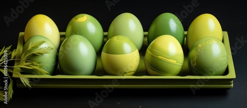 Colorful Easter eggs arranged in a green tray featuring shades of yellow and green perfect for spring celebrations and festive decor photo