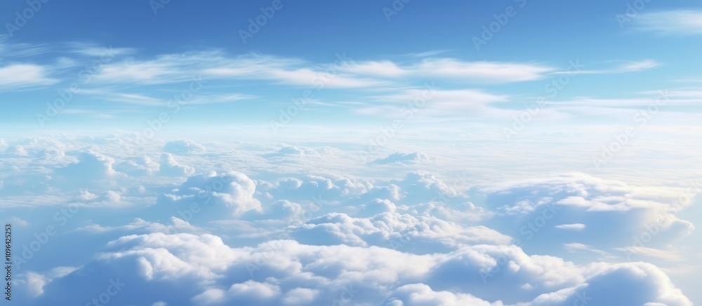 Fototapeta premium Aerial view of fluffy white clouds under a bright blue sky from an airplane window