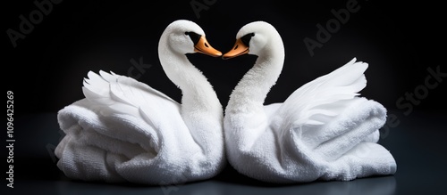 Fototapeta Naklejka Na Ścianę i Meble -  Towels creatively folded into elegant swan couple design perfect for luxury hospitality and spa decor concepts