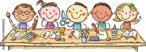 Happy cartoon kids crafting together at the table, children creative activities, kids cooperation, children hobby, doodle characters. Colorful vector illustration