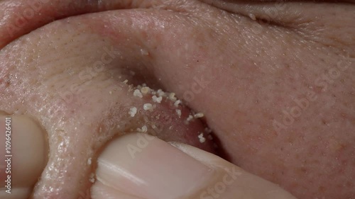 Squeezing pimples on the nose with hands. Pushing and squeezing to release the clogged acne sebum. Close up skin pore clogged acne sebum. Many clogged acne released on the nose. Skin problem concept.