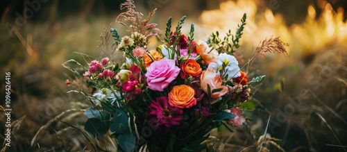 vibrant bouquet of mixed flowers surrounded by golden grass in soft natural light