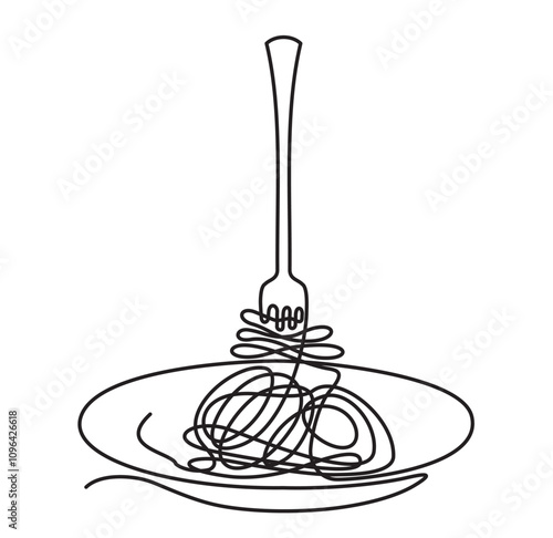 One continuous line drawing of fork and plate with spaghetti in simple linear style. One line noodle. Single line drawing of Hand draw sketch. Minimalist line art illustration for restaurant menu