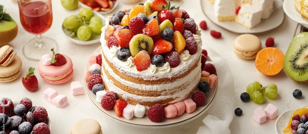 Elegant naked cake topped with fresh fruits surrounded by colorful desserts in a beautifully styled dessert table setting Elegant naked cake topped with fresh fruits surrounded by colorful desserts in a beautifully styled dessert table setting