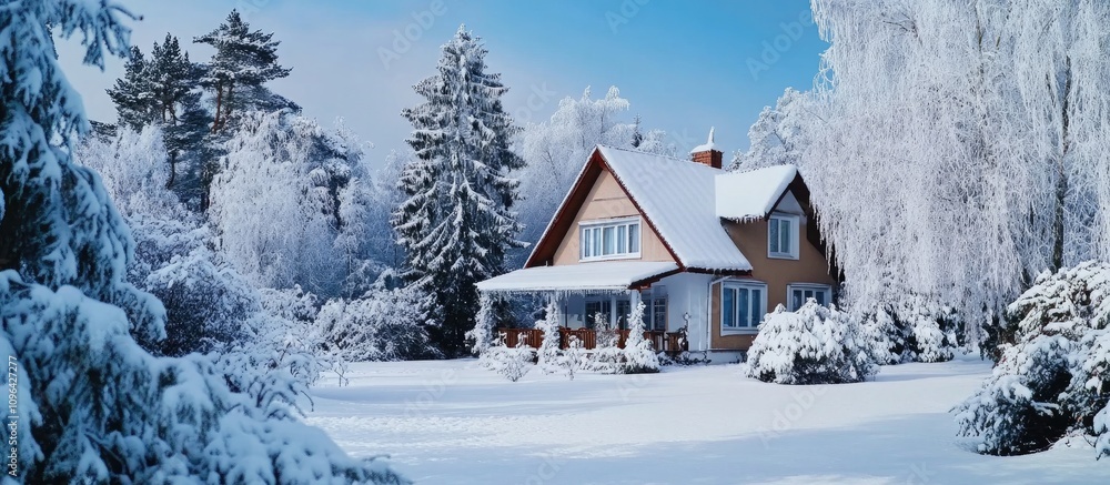 Naklejka premium Charming winter cottage nestled in a snowy landscape surrounded by fir trees ideal for family retreats and group accommodations