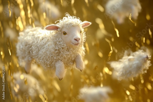 Fluffy Sheep in Flight: 3D Woolly Wonder - Adorable 3D  fluffy sheep floats amidst golden confetti, symbolizing joy, dreams, innocence, purity, and peace. photo