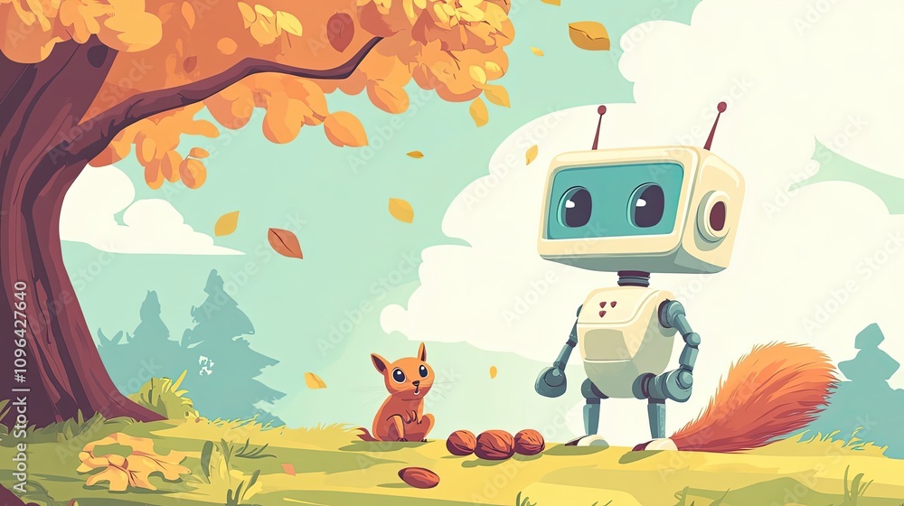 Naklejka premium A Friendly Robot with a Squirrel and Autumn Leaves in the Background