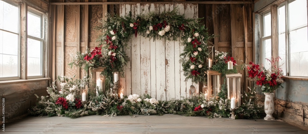 rustic holiday backdrop with floral arrangements and wooden accents in a cozy indoor setting rustic holiday backdrop with floral arrangements and wooden accents in a cozy indoor setting