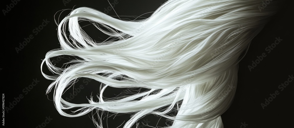 Ethereal white hair gracefully flowing against a dark background creating a striking visual contrast and elegant aesthetic. Ethereal white hair gracefully flowing against a dark background creating a striking visual contrast and elegant aesthetic.