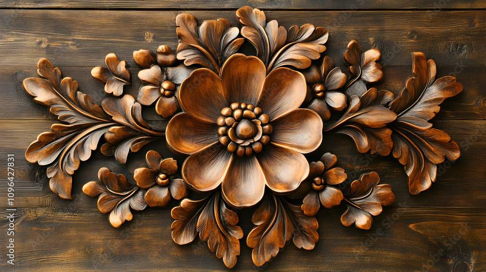 Intricate Wooden Floral Carving on Dark Panel Intricate Wooden Floral Carving on Dark Panel