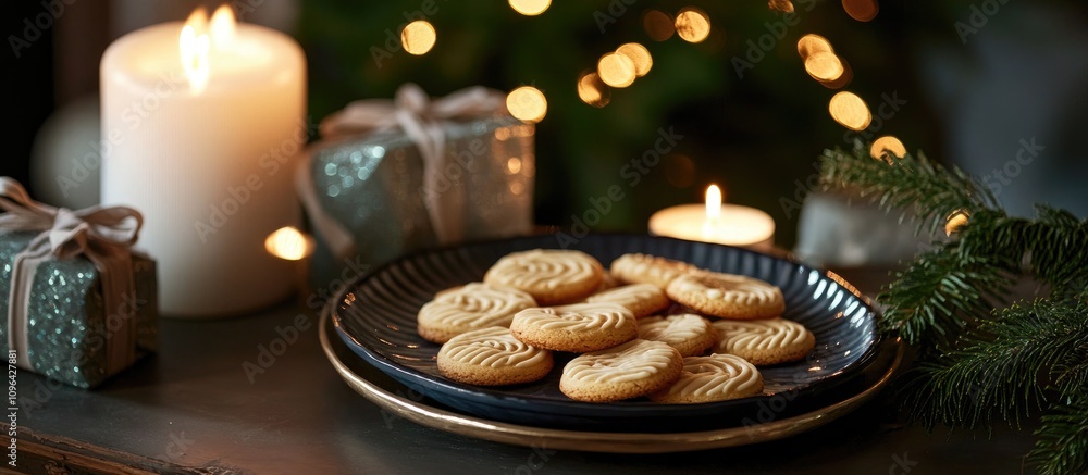 Festive cookies on a plate with candles and holiday gifts creating a warm and inviting atmosphere for celebrations Festive cookies on a plate with candles and holiday gifts creating a warm and inviting atmosphere for celebrations