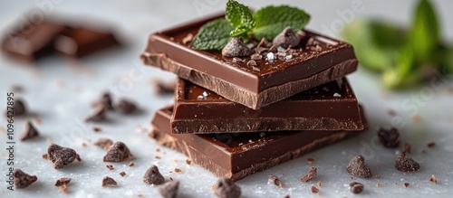 Chocolate stack with mint leaves and chocolate chips on a clean white background ideal for culinary and dessert themed designs photo