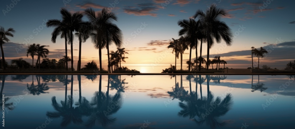 Obraz premium Tranquil evening sky reflected in a serene swimming pool surrounded by palm trees showcasing natural beauty and peaceful ambiance