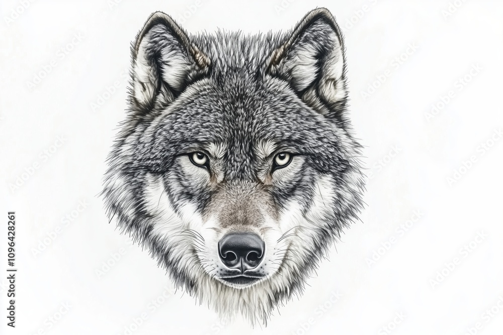 Fototapeta premium Centered wolf tattoo with precise fur patterns and clean lines