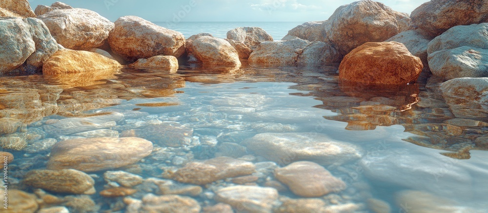Rocks and crystalline seawater reflections creating a serene coastal landscape at low tide. Rocks and crystalline seawater reflections creating a serene coastal landscape at low tide.